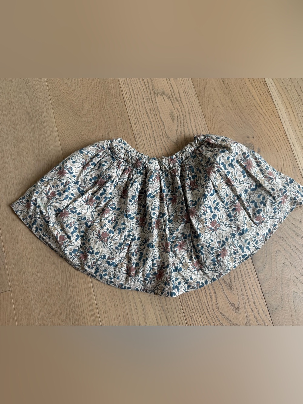 Floral Gathered Women's Skirt in Cream with Blue and Brown Floral Print